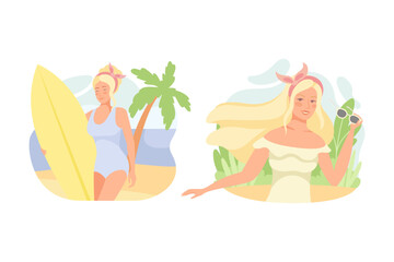 Obraz na płótnie Canvas Happy Blond Girl in Light Summer Dress and Swimsuit with Sunglasses and Surfboard Vector Set