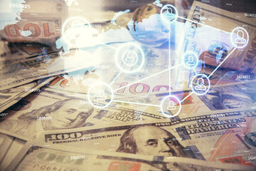 Multi exposure of social network drawing over us dollars bill background. Concept of people connection.