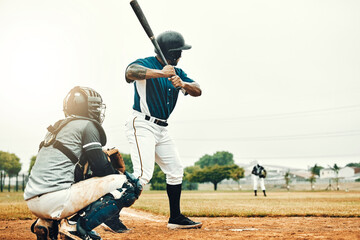 Baseball man, team training game and baseball player baseball bat to hit softball ball on pitch....