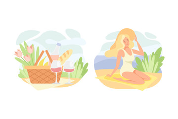 Obraz na płótnie Canvas Blond Woman in Straw Hat Sitting on Beach and Picnic Basket with Wine and Tulip Flowers Vector Set