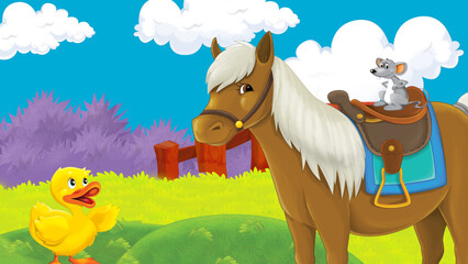 Obraz na płótnie Canvas cartoon farm scene with horse stallion illustration