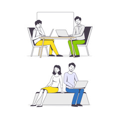 Successful Team with Man and Woman Office Employee Working Together Vector Set