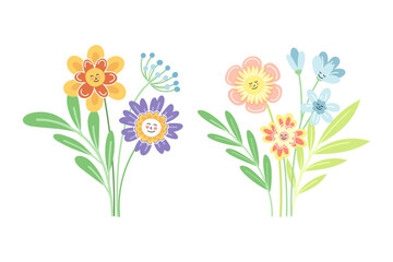 Smiling Flowers on Stalk with Petal and Green Leaf Vector Set