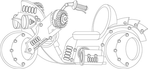 Futuristic bike coloring book in steampunk style. Vector illustration of mechanical transport.