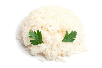 boiled rice with parsley isolated on white background
