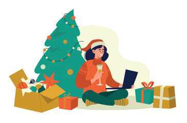 Christmas atmosphere. A girl with a laptop sits near the Christmas tree. Congratulations online. Concept. Vector image.