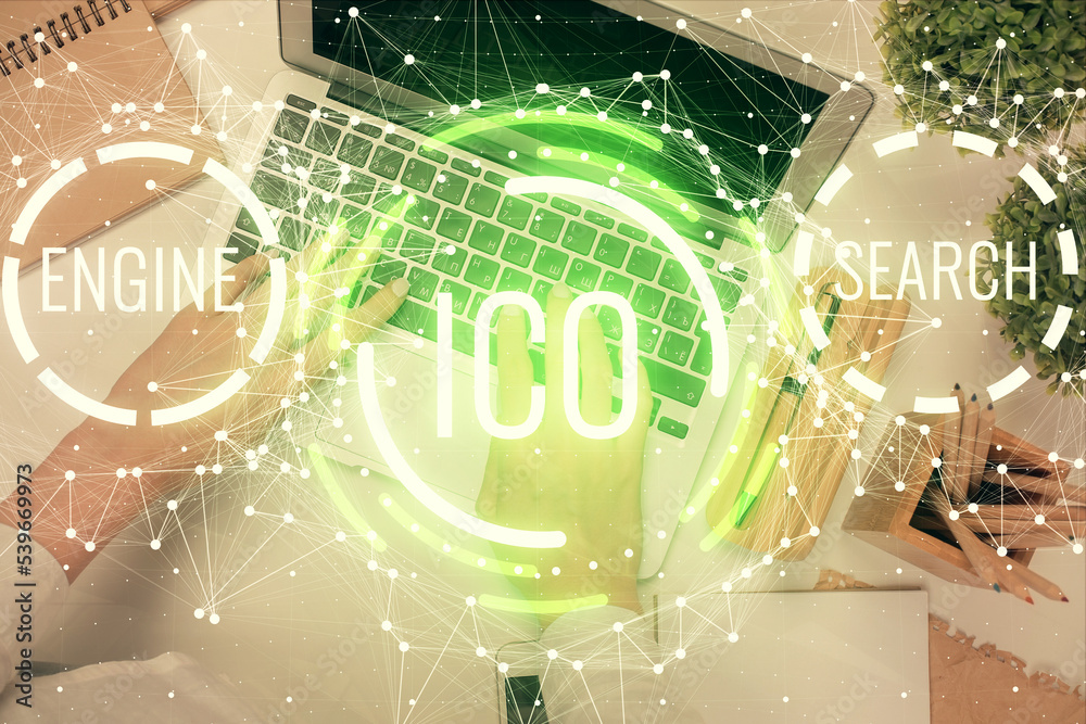 Poster double exposure of woman hands working on computer and blockchain theme hologram drawing. top view. 