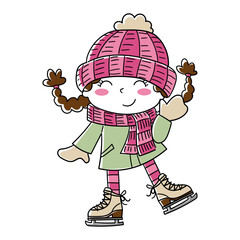 Illustration of a girl wearing winter clothes and ice skates, waving hand