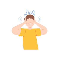 a man covers his ears with his hands so as not to hear from disturbing voices. noise or interference. illustration of the expression of someone who feels uncomfortable or disturbed. illustration