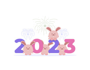 Obraz na płótnie Canvas Happy New Year 2023. The bunnies celebrate and enjoy the New Year's party. cute, funny, and adorable bunny. watch and play with fireworks. Year of the rabbit. character illustration concept design