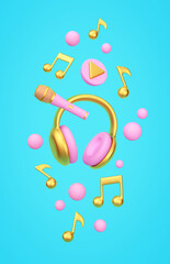 Gold and pink headphones, microphone and musical notes flying over blue background