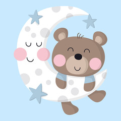 Illustration of a sweet little teddy bear sleeping on the moon