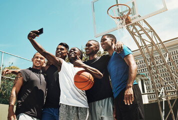 Basketball selfie, black people team for game, competition or outdoor social media post update on blue sky mock up. Influencer sports group of men using phone or cellphone for portrait digital memory