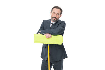 Professional man standing with cleaning mop isolated on white. Businessman running cleaning company