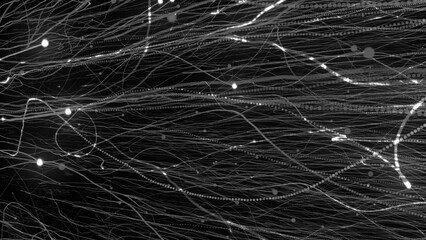 3D rendering of bright particles fill the space with jets of energy and light