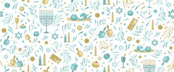 Happy Hanukkah Seamless Pattern with traditional holiday symbols. Jewish holiday Hanukkah vector background - obrazy, fototapety, plakaty