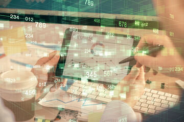 Multi exposure of man's hands holding and using a digital device and data theme drawing. Innovation concept.