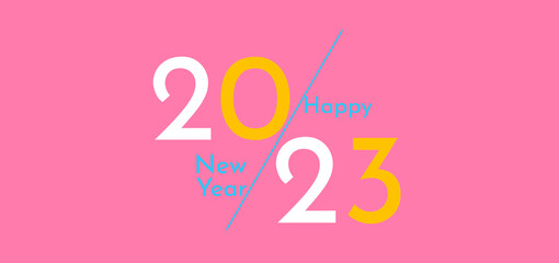 Of modern logo text 2023 Happy New Year. 2023 New Year design template for social media post and cover. Christmas decor 2023 symbols. Vector illustration. Isolated on white and black background.