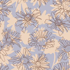 Hand drawn outline flowers on light blue and beige background. Pastel Colored floral seamless pattern.