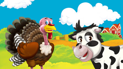 cartoon farm scene with turkey bird illustration
