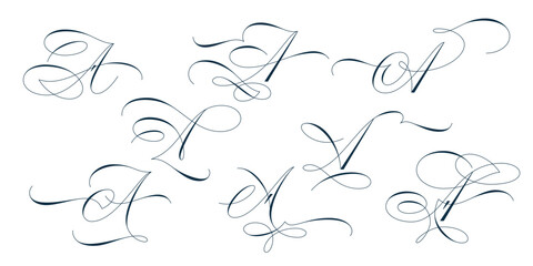 Set of beautiful calligraphic flourishes on capital letter A isolated on white background for decorating text and calligraphy on postcards or greetings cards. Vector illustration.
