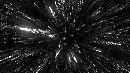 3D rendering of bright particles fill the space with jets of energy and light