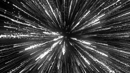 3D rendering of bright particles fill the space with jets of energy and light