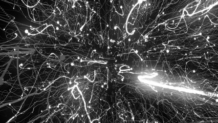 3D rendering of bright particles fill the space with jets of energy and light