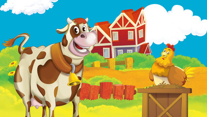 cartoon farm scene with cow illustration