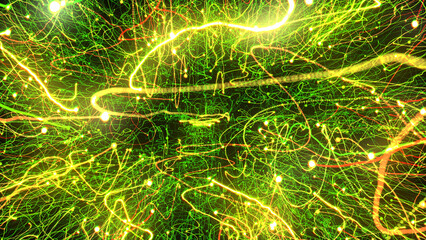 3D rendering of bright multi-colored particles fill the space with jets of energy and light