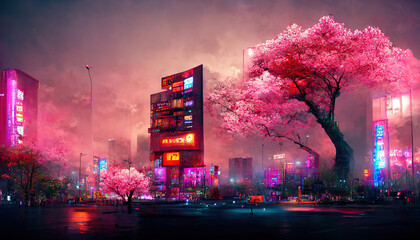 Fototapeta premium Fantasy Japanese night view city citycape, neon light, residential skyscraper buildings, pink cherry sakura tree. Night urban anime fantasy.