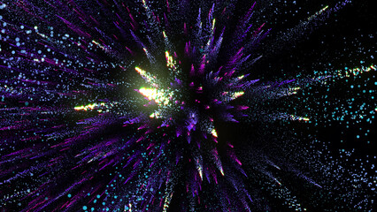 Fototapeta premium 3D rendering of bright multi-colored particles fill the space with jets of energy and light