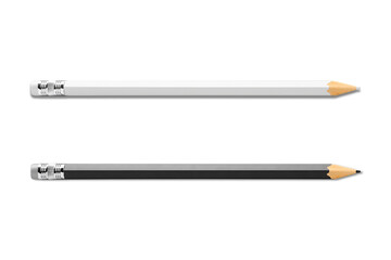 Blank white and black pencil with eraser mockup isolated on white background. 3d rendering.