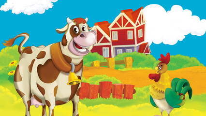 Obraz na płótnie Canvas cartoon farm scene with cow illustration