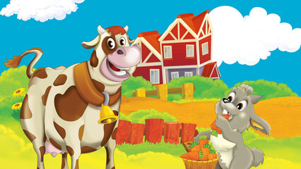 Obraz na płótnie Canvas cartoon farm scene with cow illustration