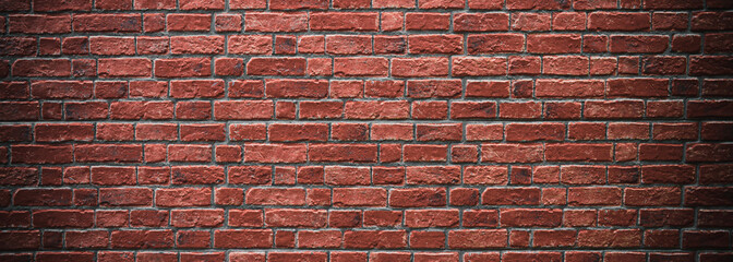 Brick wall, antique old grunge brown red texture wide panorama background.