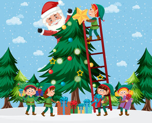 Obraz na płótnie Canvas Children in elf costume and Santa Claus decorating Christmas tree