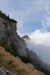 Scenic autumn morning on mountains hills with fog. Fall panoramic landscape.
