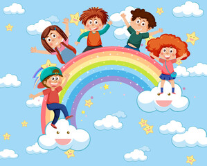 Happy kids in in the sky with rainbow