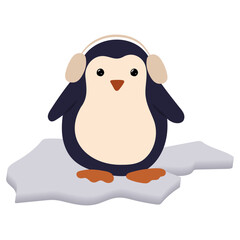 Penguin in fur headphones on an ice floe. Winter clipart.
