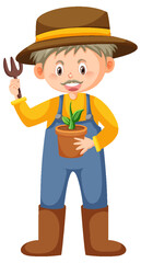 Old man holding plant on white background