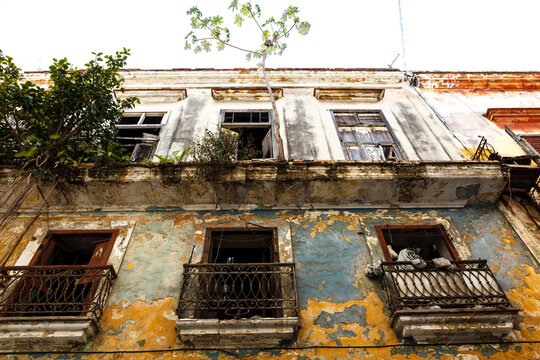 Facade of an old ruined colonial building in the historical quarter of Havana, Cuba, North America