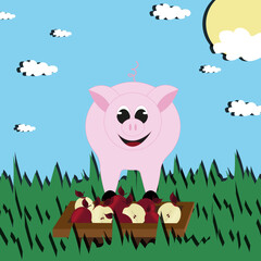A pink pig in a meadow in front of a trough with apples against a blue sky with clouds and the sun. Vector illustration with a farm animal.