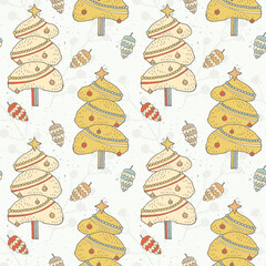 Christmas Trees and Festive decorations, Winter Holiday seamless pattern, vector background For fabrics, clothing, decoration, home decor, cards and templates, wrapping paper, kids prints.