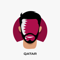 Vector Design illustration of collection of football fans smile faces with qatar flag on caps.