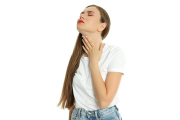 Concept of people, young woman with sore throat isolated on white background