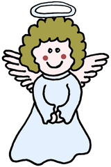 Cartoon doodle of the Christmas angel. Cheerful cute vector illustration isolated on transparent background