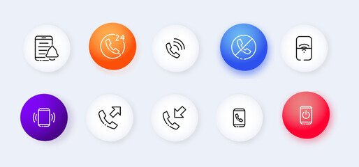 Call center services set icon. Phone, landline, speech bubble, planet, worldwide, online, contact us, 24, around the clock. Hotline concept. Neomorphism style. Vector line icon for Business