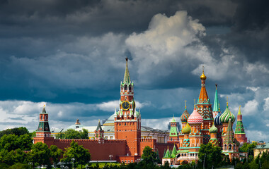 Spasskaya Tower of Moscow Kremlin and Cathedral of Vasily the Blessed (Saint Basil's Cathedral) on...