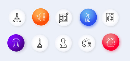 Spring cleaning set icon. Sponge, window, mop, bucket, faucet, plumbing, washing machine, dishwasher. Clean concept. Neomorphism style. Vector line icon for Business and Advertising